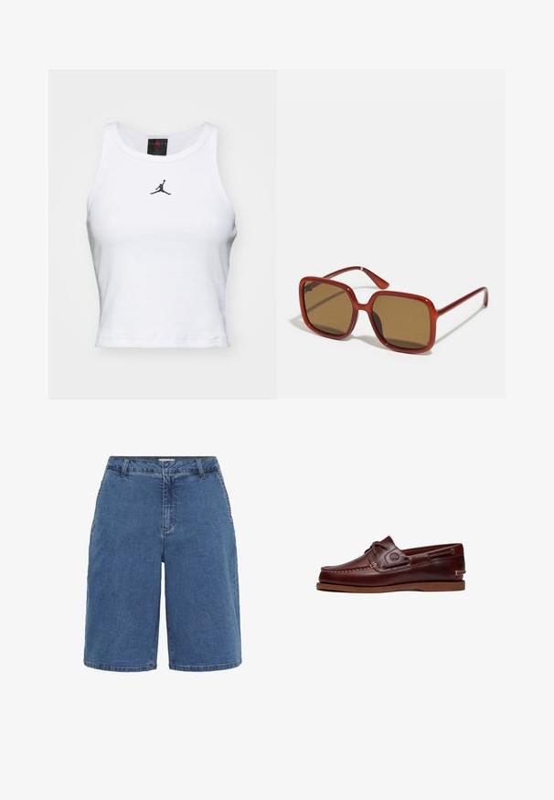 Valge lühike puuvillane tank top ribakangast. Keskel on must Jordan'i logo ja klassikaline ümar kaelus.; Sinised pesu denim lühikesed püksid klassikalise lõikega, viie taskuga ja kontrastõmblustega ühendustes. Keskmise kõrgusega vöökoht ja sirged sääred.; Pruun nahast paadijalats paelte, õmbluste detailide ja Timberlandi logoga küljel, valgel taustal.; Punane ruudukujulised prillid pruunide toonitud läätsedega. Paksud, läikivad raamid ja õhukesed käed, millel on külgedel väike detail visuaalse huvi pakkumiseks.