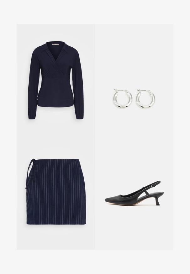 Haut à manches longues bleu marine avec un col, design enroulé et détails froncés sur le côté. Fabriqué à partir d'un tissu lisse et extensible.; Even&Odd by Zalando Minijupe - dark blue; Chaussure slingback en cuir noir avec un bout pointu, un petit talon bloc, des découpes sur les côtés et une bride à la cheville ajustable. Texture lisse sur toute la chaussure.; Boucles d'oreilles en argent avec une finition polie, présentant une forme circulaire et une fermeture à charnière. Texture lisse avec un minimum de détails.