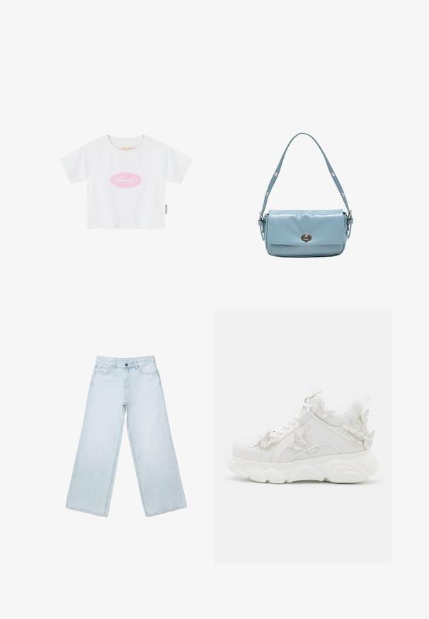 T-shirt blanc en coton à manches courtes avec un logo ovale rose et un texte blanc "Another Cotton Lab" centré sur la poitrine.; Jean large en denim bleu clair avec poches avant, passants pour ceinture et fermeture par bouton.; Baskets blanches épaisses avec une semelle épaisse et des accents décoratifs de papillons en 3D sur le côté, les lacets et le talon.; Sac bandoulière en cuir bleu clair avec une sangle réglable et une fermeture tourniquet argentée sur le rabat avant.