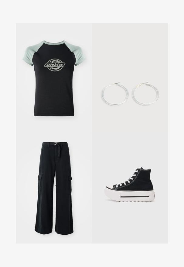 Sort t-shirt med lys grøn raglanærmer. Har et centralt cirkulært logo med teksten "Dickies" i et rebdesign. Blød stoftekstur.; Sorte bredbenede cargo-bukser lavet af bomuld med et bånd, der kan bindes, og som har to sidelommer samt en glat stofstruktur.; Sort højtop sneakers lavet af canvas, med hvide syninger, gummitåhætte, tyk hvid platformssål og sorte stribe detaljer.; Par skinnende sølvøreringe med tynde trådlåse, vist på en lys grå baggrund.