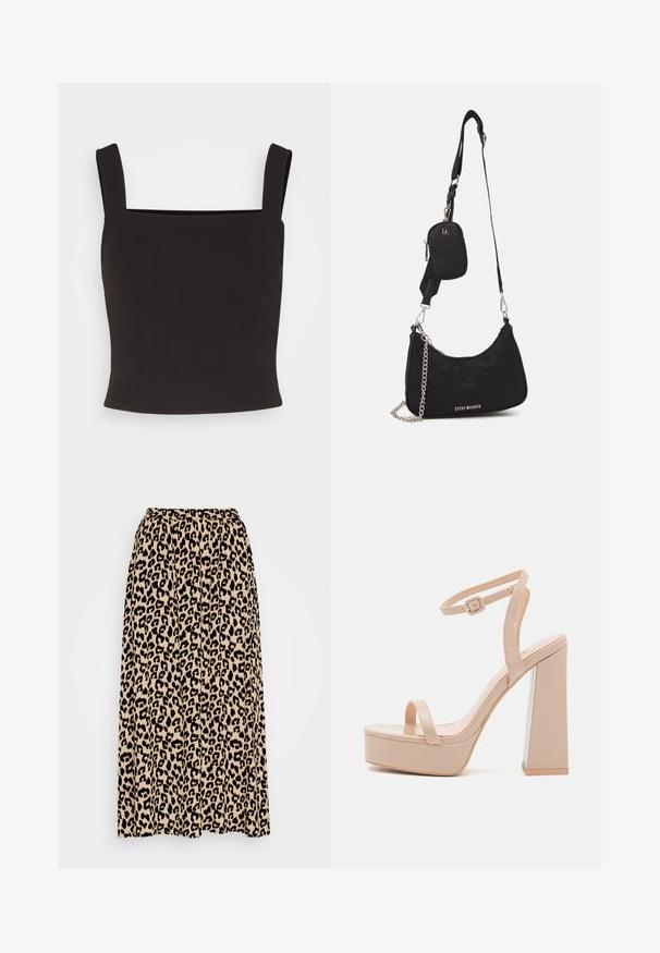 Pieces PCKARSON CROPPED - Top - black; Leopartrykt midi-nederdel i beige og sort. Har en elastisk talje og en plisseret design for øget bevægelse og pasform.; RAID MISTIE - Plateausandaler - nude; Sort nylon skuldertaske med en buet form, sølvfarvet kædeaccent, aftagelig mini-pung og justerbar rem; prydet med "Steve Madden" logo.