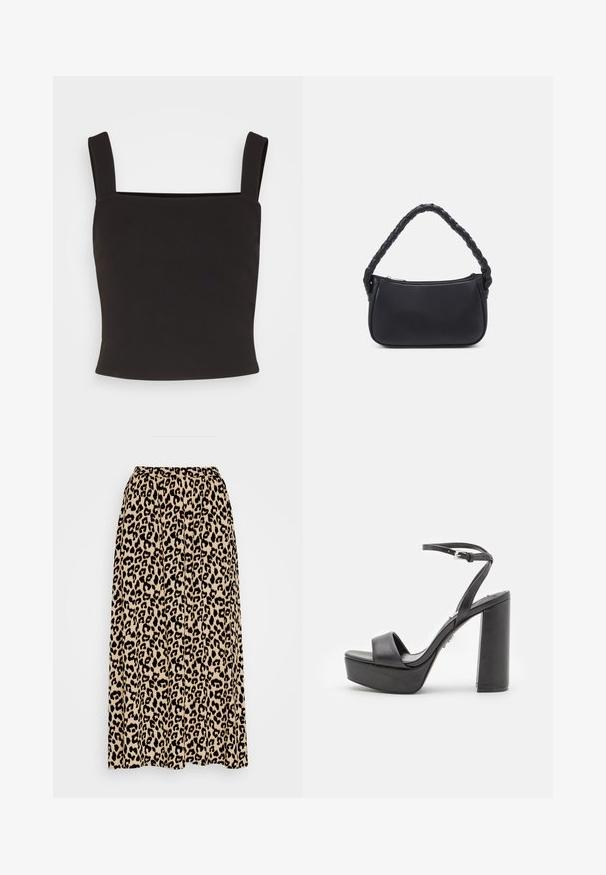 Pieces PCKARSON CROPPED - Top - black; Leopartrykt midi-nederdel i beige og sort. Har en elastisk talje og en plisseret design for øget bevægelse og pasform.; Sorte platform højhælede sandaler med åben tå, bred forreste rem og justerbar ankelrem. Glat læderfinish og chunky blokhæle.; Sort håndtaske med en rund form, lavet af glat materiale. Har et flet håndtag og en lynlåslukning for sikker opbevaring.