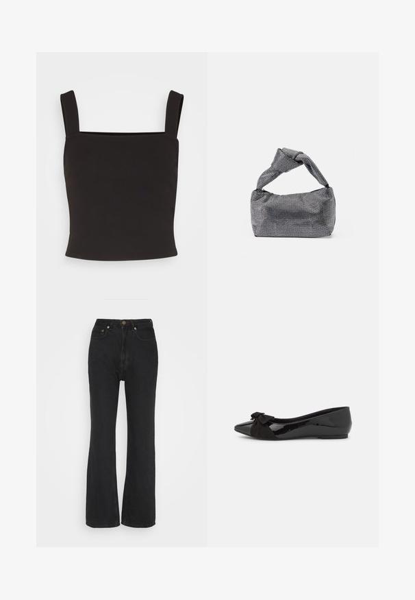 Pieces PCKARSON CROPPED - Μπλούζα - black; Weekday RESOLUTE RIGID CURVE - Straight leg jeans - ink black; Μαύρη μπαλαρίνα με γυαλιστερή πατίνα και αντίθεση από σουέτ μαύρο φιόγκο στη μύτη. Χαμηλή σόλα. Ελάχιστος σχεδιασμός.; Μαύρη και ασημένια τσάντα χειρός με υφασμάτινη επιφάνεια που διαθέτει διαμαντένιο σχέδιο, κόμπο στη λαβή και δομημένο σχήμα.