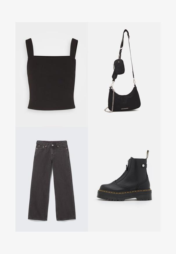 Pieces PCKARSON CROPPED - Μπλούζα - black; Φαρδιά μαύρα τζιν από denim με χαλκόχρωμες καρφίτσες, πέντε τσέπες και κλείσιμο με κουμπί. Απαλή, ανθεκτική υφή, με ίσια κοπή από τη μέση έως το τελείωμα.; Μαύρο μποτάκι στον αστραγαλό, φτιαγμένο από λείο δέρμα, με φερμουάρ στη πλάγια πλευρά, κίτρινες ραφές και χοντρή, εγχάρακτη ελαστική σόλα.; Μαύρη νάιλον τσάντα ώμου με καμπύλο σχήμα, ασημένια αλυσίδα, αποσπώμενη μίνι θήκη και ρυθμιζόμενο λουράκι; φέρει το λογότυπο "Steve Madden".