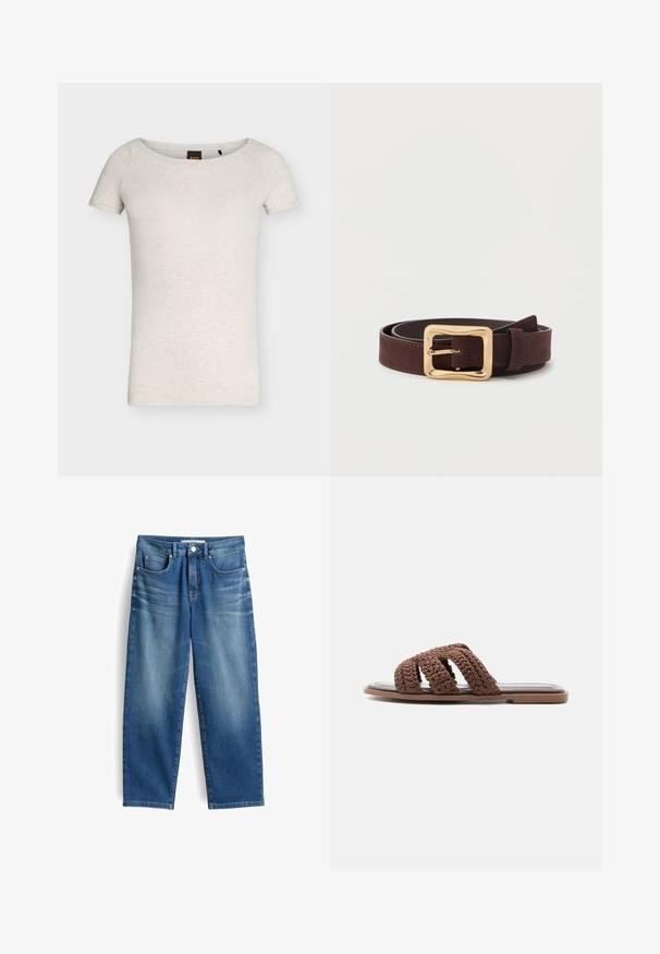 Beiges T-Shirt mit kurzen Ärmeln und Rundhalsausschnitt, dezenter melierter Struktur und schwarzem Etikett innen am Kragen.; Blaue Jeans aus Denim mit geradem Bein, fünf Taschen und leichtem Verblassen an den Oberschenkeln. Mit Knopfverschluss und Gürtelschlaufen.; Flache Sandale mit drei breiten braunen geflochtenen Riemen und dünner Sohle, in Seitenansicht vor einfachem Hintergrund dargestellt.; Dunkelbrauner Lederarmband mit einer breiten goldenen quadratischen Schnalle, flach auf einer weißen Oberfläche gewickelt.