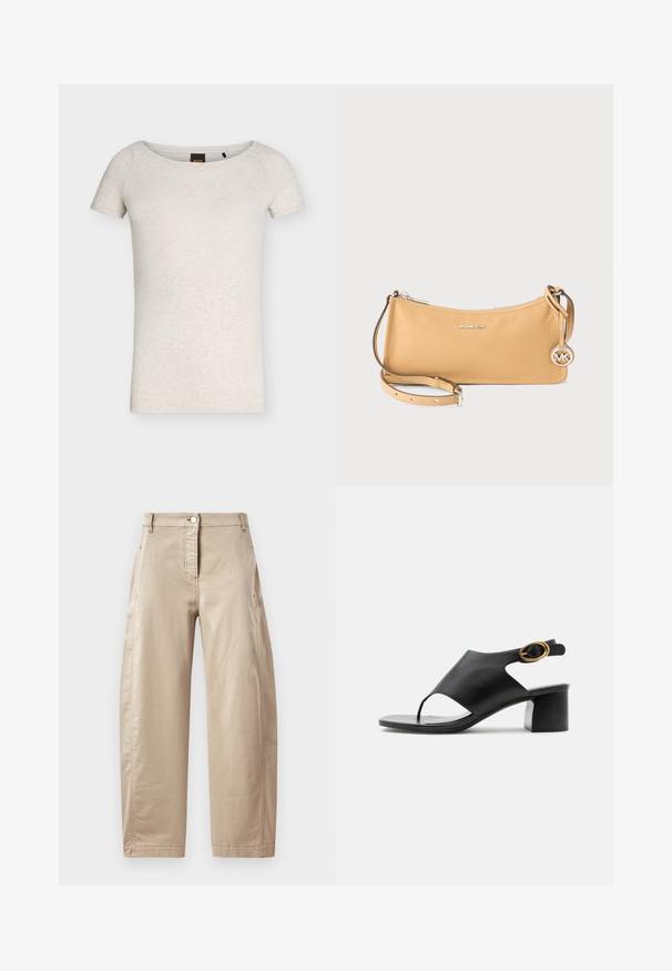 Beige kortærmet T-shirt med rund hals og en subtil meleret tekstur samt en sort mærkat inde i kraven.; Beige vidde ben bukser i en glat bomuldsblanding, med en frontknaplukning, sidelommer og synlige syninger.; Sort dameslingback sandal i læder med åben tå, guldfarvet oval spænde og blokhæle på hvid baggrund.; Skuldertaske i tanfarvet læder fra Michael Kors med sølvlynlås, tynd justerbar rem og rundt MK-logo vedhæng.