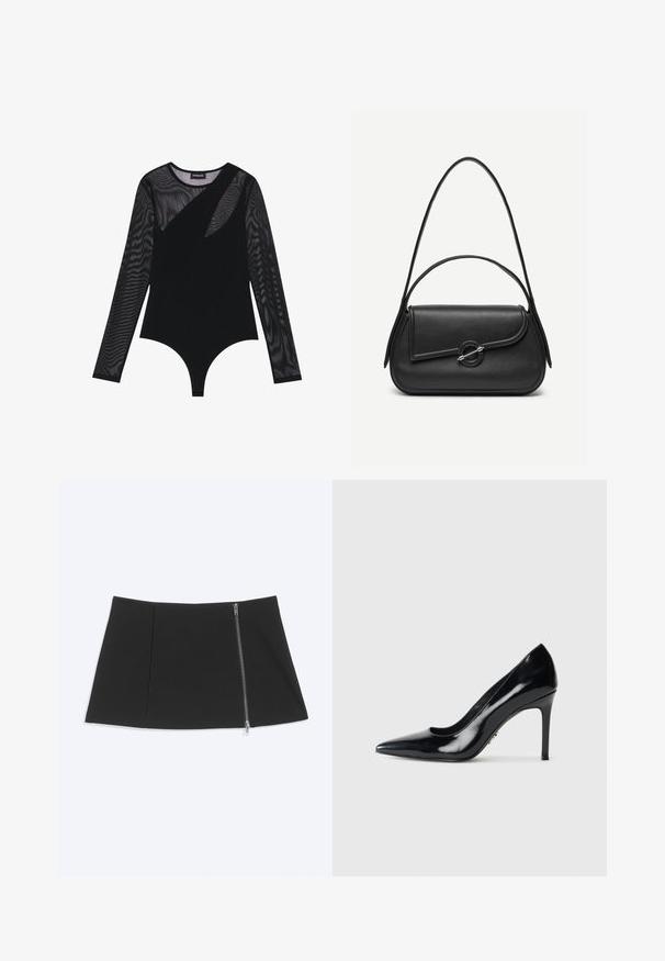 Zwarte jumpsuit met lange, sheer mesh mouwen, voorzien van een strak ontwerp, ronde halslijn en een slanke, gladde stoffen lichaamsvoering.; Zwarte minirok met een zilveren ritssluiting die diagonaal langs de rechterkant loopt, gladde stof, licht uitlopende zoom.; Zwarte gepatineerde leren, puntige high heel pumps met slanke stiletto hak op een plain witte achtergrond.; Zwarte leren handtas met afgeronde hoeken, asymmetrische klep, metalen ronde sluiting en zowel korte als lange schouderriemen.