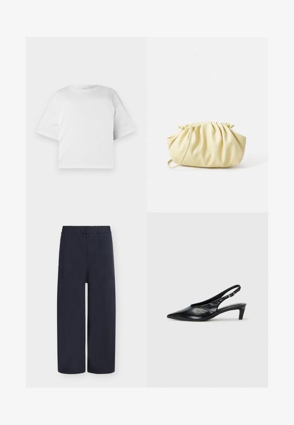 Hvid cropped t-shirt lavet af glat bomuld, med rund hals og korte, brede ærmer. Enkel, ren design uden synlige mønstre.; Marineblå, vide bukser med blød tekstur og elastisk taljebånd. Har en løs pasform og lige ben. Ingen yderligere detaljer.; Sort læder slingback hæl med spidse tæer, lav kitten hæl og justerbar spænde-bånd. Glat tekstur med minimal dekor.; Gul plisseret håndtaske lavet af glat kunstlæder, med en blød form, en enkelt skulderrem og samlet topdesign.