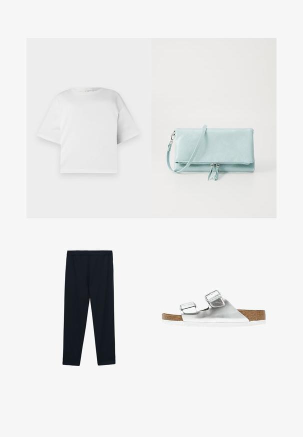 Weißes, gekürztes T-Shirt aus glattem Baumwollmaterial, mit Rundhalsausschnitt und kurzen, weiten Ärmeln. Einfaches, sauberes Design ohne sichtbare Muster.; Schwarze, knöchellange Leggings aus glattem, elastischem Material. Sie haben einen breiten, flachen Bund und keine sichtbaren Nähte oder Verzierungen.; Silberne metallische Sandale mit zwei verstellbaren Riemen, Korkfußbett und weißer Sohle. Glatte Oberfläche mit glänzendem Finish.; Helleblaue, strukturierte Kunstlederbörse mit Reißverschluss, abnehmbarem Tragegurt und zwei dekorativen Reißverschluss-Zippern auf der Vorderseite.