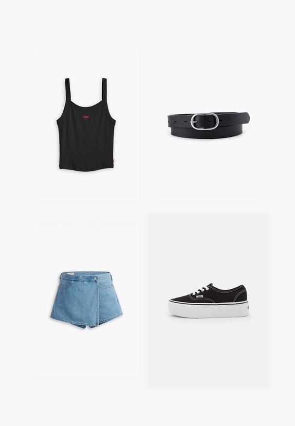 Zwarte geribbelde tanktop met dunne bandjes, voorzien van een klein rood Levi's-logo aan de voorkant en een rechte zoom.; Lichtblauwe denimshorts met een wikkelontwerp, verstelbare zakken aan de voorkant en een metalen knoopsluiting. Soepele textuur met gestikte randen.; Zwarte canvas sneaker met een witte rubberen platformzool, voorzien van witte veters en stiksels, iconische branding op de zijkant, low-top ontwerp.; Zwarte leren riem met een gladde textuur, ovaal zilveren metalen gespsluiting en meerdere verstelgaten langs de band. Platte, minimalistische uitstraling.