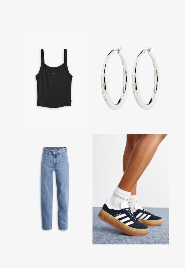 Sort ribbet tanktop med tynde stropper, med et lille rødt Levi's-logo i midten foran og en lige nederste kant.; Lys blå jeans lavet af denim, med en afslappet pasform, lige ben, fem-lomme design og flagrende kanter for et uformelt look.; Ben iført hvide sokker og sorte Adidas Gazelle sneakers med hvide striber og tykke brune såler på et gråt tæppe.; Sølv hoops øreringe med en glat, reflekterende overflade. Rund, stor form med en sikker lås øverst. Den polerede finish fremhæver glansen.