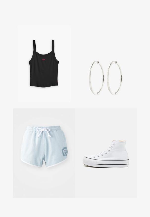 Must mustriba tank top õhukeste rihmadega, mille esiküljel on väike punane Levi's logo ja sirge alläär.; Heledad sinine lühike püksid pehmest kangast, valge paelaga, valgete ääristega ja küljel ümmargune logo märk.; Valged kõrged tossud, millel on tekstiilmaterjal, must kummist tallat ja kontrastne must riba keskosas. Ümar varbakiht ja nöörimise disain.; Hõbedase tooniga ovaalsed kõrvarõngad, millel on veidi ebaregulaarne laineline kuju ja hingedega kinnitus, valgel taustal.