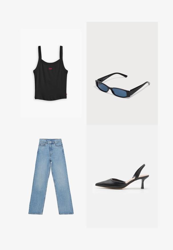Sort ribbet tanktop med tynde stropper, med et lille rødt Levi's-logo i midten foran og en lige nederste kant.; Lys blå denim jeans med høj talje, lige ben-design, der har fem lommer og en knaplukning. Ingen synlige mønstre.; Sort læder slingback-sko med spids tå, en tynd hæl og et rent design, der har en slank silhuet og glat tekstur.; Sorte solbriller med en slank rektangulær ramme og blå linser. Har en glat overflade og robuste stænger. Mærkets logo på siden.