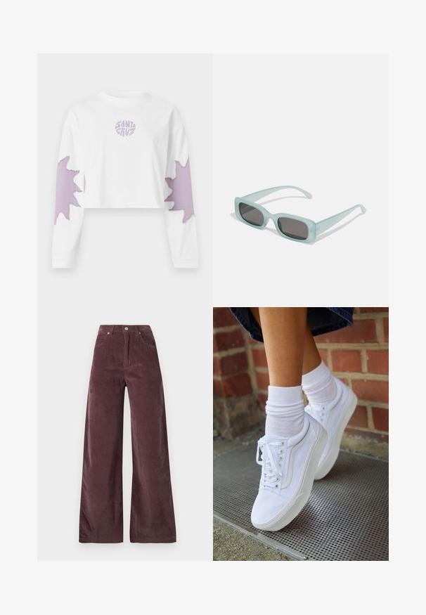 Chemise blanche courte à manches longues avec logo "SANTA CRUZ" en violet sur la poitrine et grands motifs éclaboussés violets sur les deux manches.; Pantalons large à taille haute en velours côtelé mauve foncé, dotés de poches avant et d'une fermeture par bouton.; Baskets en toile blanches avec semelles en caoutchouc, dotées de six œillets, d'un bout rond et de détails de couture légers, portées avec des chaussettes blanches mi-mollet.; Une paire de lunettes de soleil rectangulaires avec des montures translucides bleu clair et des verres gris foncé, présentant des branches droites et des détails matériels minimaux.
