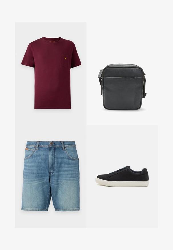 Burgunderfarbener Baumwoll-T-Shirt mit kurzen Ärmeln, Rundhalsausschnitt, einer Vorderseite Tasche und einem kleinen gelben Logo, das auf die Tasche gestickt ist.; Denimshorts in heller Waschung, mit klassischem 5-Taschen-Design, Knopfverschluss und dezenten Verfärbungen. Saum klar und Textur sichtbar.; Schwarze Wildledersneaker mit runder Zehenpartie, weißer Gummisohle, kontrastierenden blauen Schnürsenkeln und einer glatten Textur. Minimalistisches Design ohne sichtbares Logo.; Schwarze Leder-Crossbody-Tasche mit strukturiertem Finish, ausgestattet mit einem oberen Reißverschluss und einer vorderen Reißverschlusstasche. Kompaktes und quadratisches Design.