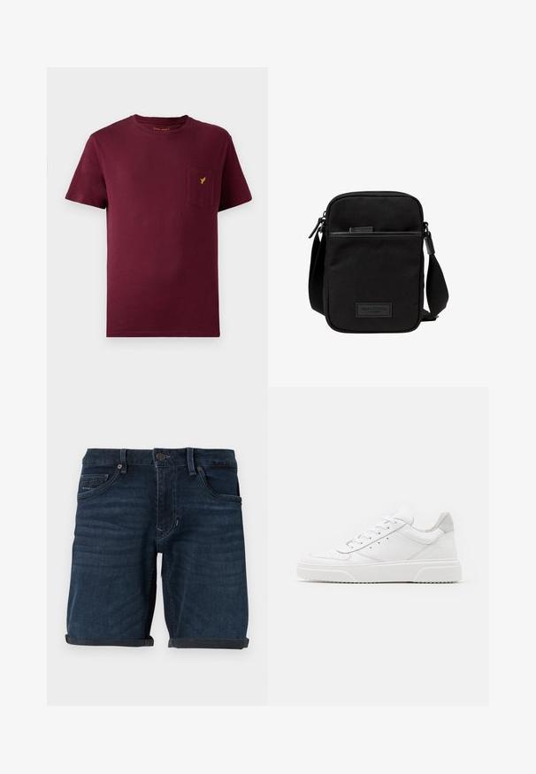 Bordeaux katoenen t-shirt met korte mouwen, ronde halslijn, een voorknoopzak en een klein geel logo geborduurd op de zak.; Donkerblauwe denimshorts met opgerolde mouwen, voorzien van voorzakken, een knoopsluiting en een merkelabel op de achterzak.; Witte leren sneakers met een gladde afwerking, ronde neus, platte veters en een gestructureerde zool. Grijze suède accent bij de hiel.; Zwarte stoffen crossbody tas met een ritssluiting hoofdcompartiment, leren accenten, een voorkantvak en een verstelbare band. Marc O'Polo logo zichtbaar.