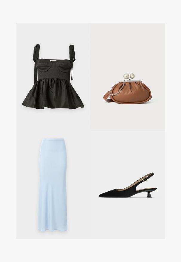 Sort peplum-top med en struktureret overdel, hjerteformet udskæring, tekstureret stof og justerbare bindebånd. Flared nederdel tilføjer volumen.; Lyseblå, gulvlængde satin nederdel med en tætsiddende talje og en let flair i bunden på en hvid baggrund.; Sort, spids slingback-sko med lav kitten-hæl og guldfarvet spænderem, vist i profil på ensfarvet lyst baggrund.; Brun læder clutch-pung med sølv kugleklap og en lille sølv kædedetalje på en hvid baggrund.