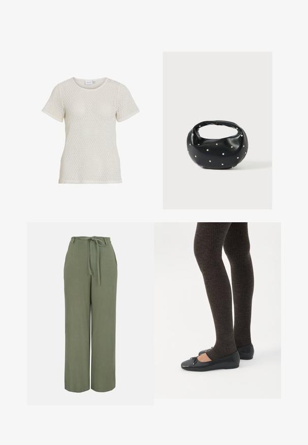 T-shirt blanc à manches courtes en tricot, présentant une texture à motifs en diamant et un col rond. Coupe décontractée avec un tissu doux et respirant.; Pantalon large couleur vert olive avec taille haute, poches avant, passants de ceinture et ceinture à nouer assortie en tissu.; Jambes portant des leggings côtelés foncés associés à des ballerines noires avec de petits détails en nœud sur fond blanc.; Sac à main en cuir noir de forme arrondie, décoré de clous argentés et équipé d'une poignée courte. Texture lisse et fermeture éclair.