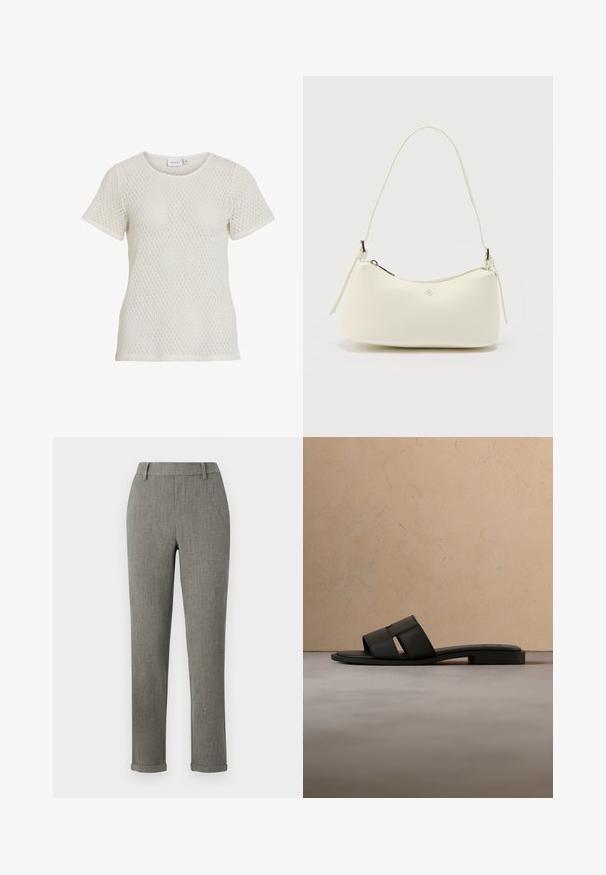 Camiseta de manga corta blanca de punto con textura de patrón en diamante y escote redondo. Corte casual con una tela suave y transpirable.; Pantalones ajustados gris tailored con trabillas para cinturón y bajos remangados, adecuados para ropa formal o de oficina.; Sandalia deslizable de cuero negro con tiras anchas y suela plana flotando sobre una alfombra beige y un fondo de sofá.; Bolso pequeño de cuero blanco con textura, cierre superior curvado, correa única y logo de metal minimalista en el centro frontal.