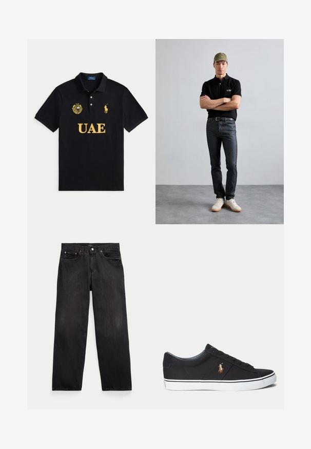 Schwarzes Polohemd mit gelbem UAE-Schriftzug, UAE-Emblem auf der linken Brust und gelbem Ralph Lauren Polo-Spieler-Logo auf der rechten Brust.; Schwarze Jeans mit geradem Bein, fünf Taschen, Knopfverschluss und sichtbaren Metallnieten an den vorderen Taschen.; Schwarzer Sneaker mit niedrigem Schaft, weißer Sohle und gesticktem Polospieler-Logo an der Seite, mit Schnürverschluss und strukturiertem Stoff-Obermaterial.; Schwarzes Polohemd mit goldenem Logo, dunkle Jeans und helle Schuhe. Olivgrüne Mütze mit Logo. Das Modell steht mit verschränkten Armen vor einem strukturierten Hintergrund.