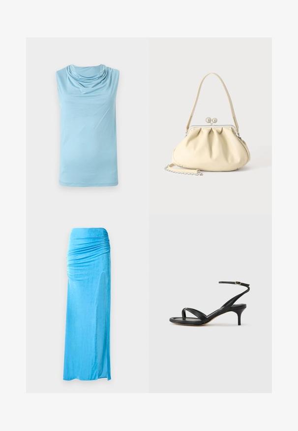 Mouwloze lichtblauwe top met gedrapeerde col, gladde stof en een rechte zoom tegen een effen achtergrond.; Blauwe velours maxi rok met geraffineerde details in de taille, met een zijsplit en een gladde textuur voor een vloeiende silhoeet.; Zwarte leren dames sandaal met dunne bandjes, een teengreep, een enkelgesp en een stilettohak van gemiddelde hoogte op een neutrale achtergrond.; Crèmekleurige zachte leren handtas met geplooid ontwerp, zilveren frame sluiting, korte handgreep en een afneembare kettingriem.