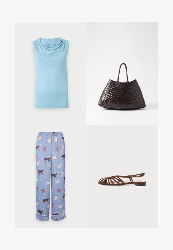 Top sin mangas azul claro con escote caído en forma de capucha, tela suave y dobladillo recto sobre un fondo liso.; Pantalones de pijama azules con un patrón caprichoso que presenta vacas, criaturas míticas y elementos celestiales; cinturilla elástica y piernas anchas.; Sandalia plana marrón con múltiples tiras finas y una pequeña hebilla en el tobillo sobre un fondo claro.; DRAGON DIFFUSION SANTA CROCE BIG - Bolso de mano - dark brown
