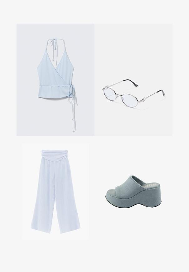 Top envolvente sin mangas de color azul claro con lazo en el cuello halter y lazo lateral en la cintura, colocado plano sobre un fondo blanco.; Pantalones de pierna ancha azul claro con tela texturizada y una pretina alta fruncida y recogida.; Chancla de plataforma de color azul claro con parte superior de tela deshilachada, diseño de punta abierta, suela gruesa y redondeada, y suela gris texturizada.; Gafas ovaladas de metal plateado con lentes transparentes, que cuentan con acentos decorativos en los laterales y puntas negras en las patillas para mayor agarre y comodidad.