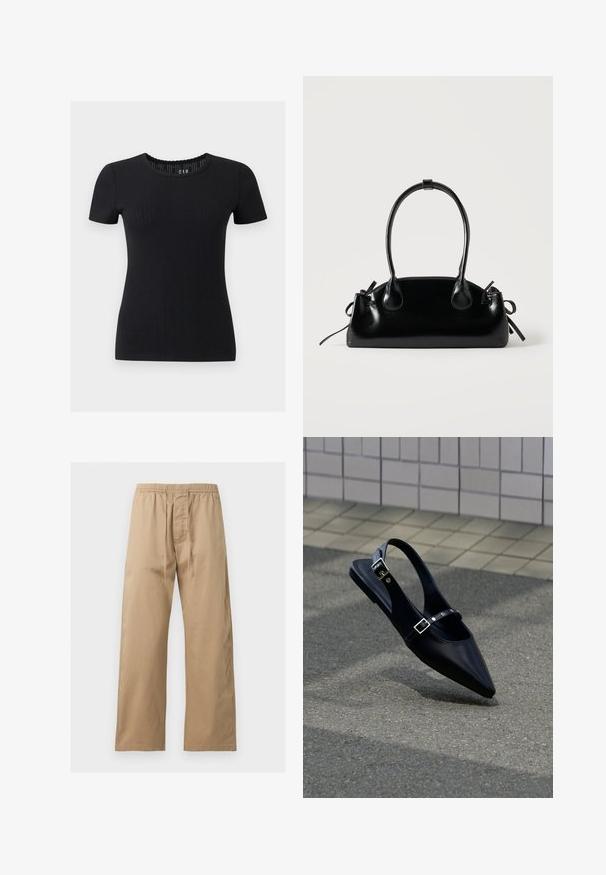 Haut noir en maille côtelée à manches courtes avec encolure ronde et bord festonné, silhouette ajustée.; Pantalon marron clair à coupe ample avec taille élastique et cordon à l’avant, en tissu léger, présenté sur un fond uni.; Mocassin noir à bout pointu et bride arrière, avec double boucle, posé sur un asphalt gris près d'un mur carrelé en arrière-plan.; Petit sac à main noir brillant avec deux longues anses et des détails à cordon sur les côtés sur un fond clair uni.