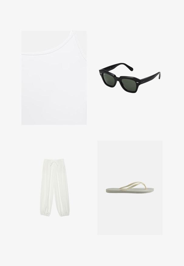 Débardeur blanc uni avec encolure arrondie et coutures visibles le long des bords.; Pantalon blanc ample avec taille élastique, cordon de serrage et poignets élastiqués froncés aux chevilles.; Tongs en caoutchouc blanc cassé, à bride fine et semelle texturée, vues de côté sur un fond uni.; Lunettes de soleil carrées noires avec des verres vert foncé, présentant des montures audacieuses et des accents argentés sur les côtés. Fabriquées en Italie.