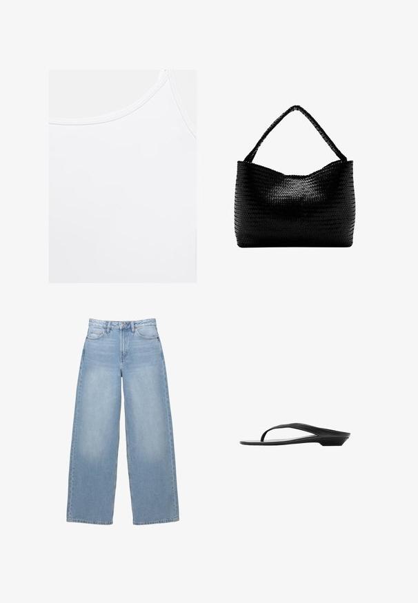 Schlichtes weißes Tanktop mit abgerundetem Ausschnitt und sichtbaren Nähten an den Rändern.; Helle blaue, weit geschnittene Jeans aus Denim. Besitzt eine hohe Taille, Taschen vorne und einen Knopfverschluss. Angenehme Textur mit dezenter Ausbleichung.; Schwarze Sandale mit niedrigem Absatz, schlanker Sohle und dünnem Riemen, der über den Fuß nahe den Zehen verläuft, seitlich auf weißem Hintergrund gezeigt.; Schwarze gewebte Handtasche mit einem geflochtenen Griff, rechteckiger Form und glänzend strukturierter Oberfläche.