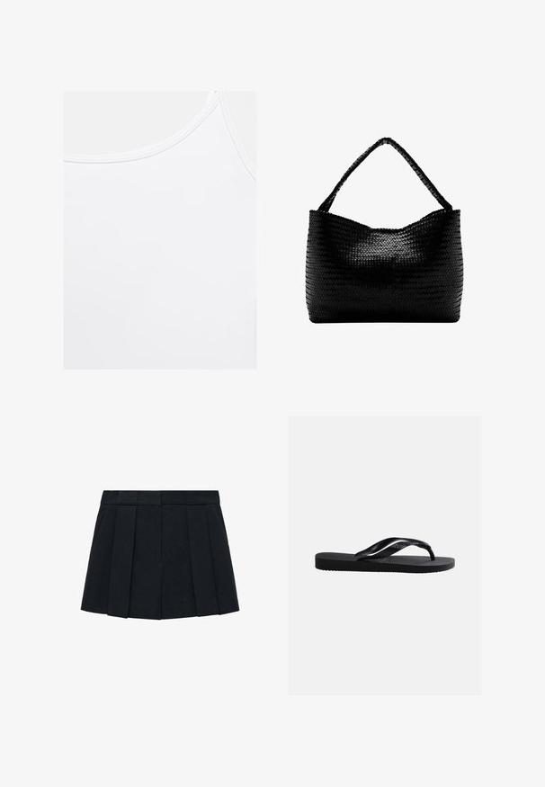 Simpel hvid tanktop med rund halsudskæring og synlige syninger langs kanterne.; Sort plisseret nederdel lavet af stof med en glat tekstur. Har en struktureret talje og flere lodrette pliser for definition.; Sort gummiplip-flops sandal med tekstureret sål og glatte remme, sidevisning på en ensfarvet lys grå baggrund.; Sort vævet håndtaske med et enkelt flettet håndtag, rektangulær form og glansfuld tekstureret overflade.