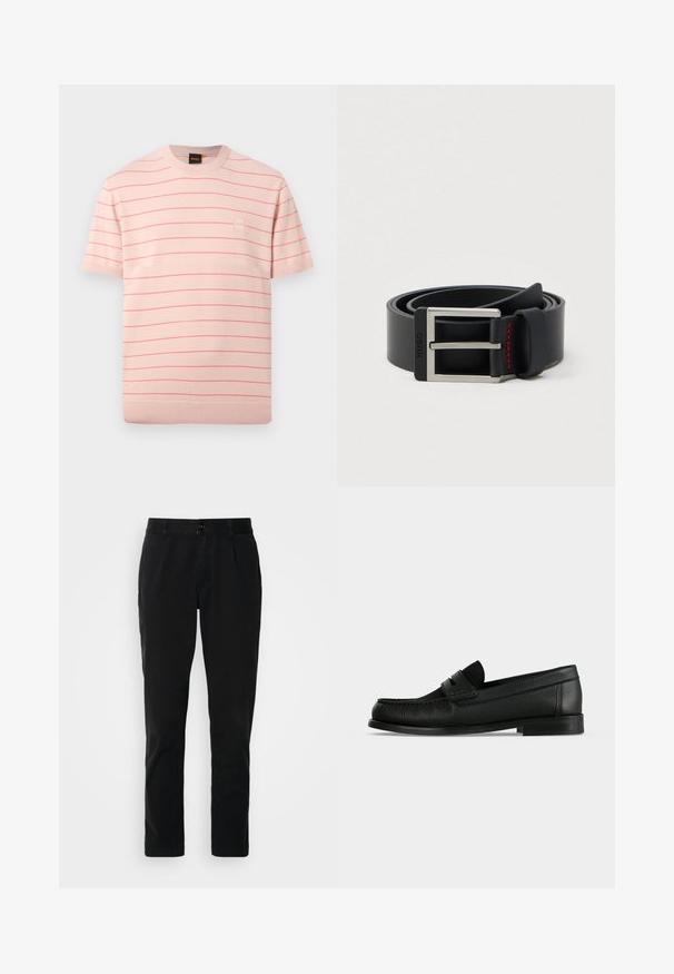 Chemise tricotée à manches courtes de couleur rose clair avec de fines rayures horizontales rouges et un petit patch logo carré sur le côté gauche de la poitrine.; Pantalons noirs en coton, présentant une coupe droite, des poches avant, une fermeture à bouton et une texture lisse et mate.; Mocassin penny en cuir noir avec surface texturée, petit talon et une lanière sur le dessus, présenté de profil sur un fond uni.; Ceinture en cuir noir enroulée avec une boucle métallique rectangulaire argentée et un détail de couture rouge près de la boucle.