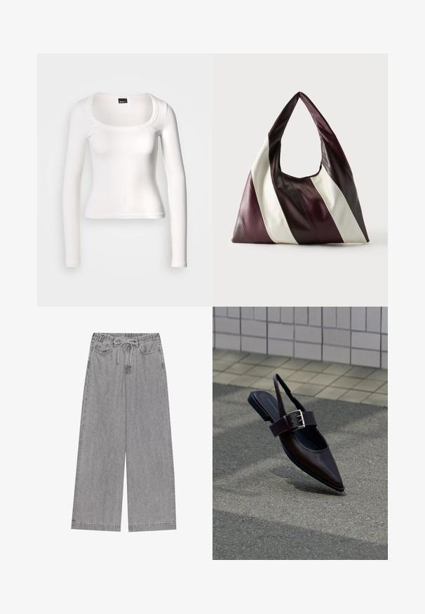 Weißes Langarmshirt mit rundem Ausschnitt. Hergestellt aus geripptem Stoff, zeichnet es sich durch eine körpernahe Passform und eine glatte Textur mit nahtlosem Abschluss aus.; Graue weite Jeanshose mit elastischem Bund und Kordelzug, zwei vorderen Taschen und geradem Bein. ; Dunkelbrauner Slingback-Flachschuh mit spitz zulaufender Zehenpartie, breitem Riemen und großer silberner Schnalle auf Asphalt in der Nähe einer gefliesten Wand.; Große dreieckige Ledertasche mit breiten diagonalen Streifen in Dunkelbraun, Burgunderrot und Cremefarben vor einfachem Hintergrund.
