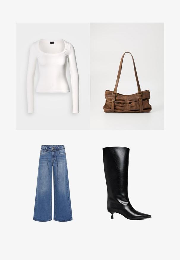 Haut blanc à manches longues avec un col arrondi. Confectionné en tissu côtelé, il présente une coupe ajustée et une texture lisse avec une finition sans coutures.; My Essential Wardrobe MWKARO 144 MID XWIDE - Wide Leg - medium blue wash; Boot en cuir noir, montant jusqu'au genou, avec un bout pointu, une silhouette élancée et un talon carré bas, le tout avec une finition brillante.; Even&Odd Sac à main - brown