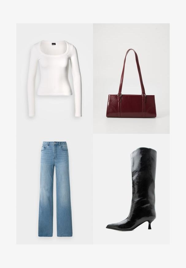 Hvid langærmet top med rund halsudskæring. Fremstillet af ribstrikket stof, har den en tætsiddende pasform og en glat tekstur med en sømløs finish.; Lyseblå højtaljede jeans med lige ben. Fremstillet af denim, med fem lommer og knaplukning.; Sort skinnende knæhøj læderstøvle med spids tå og lav buet hæl på en ensfarvet lys baggrund.; Bordeaux håndtaske lavet af glansfuldt materiale, rektangulær form, med to skulderremme og subtile buede detaljer på forsiden.