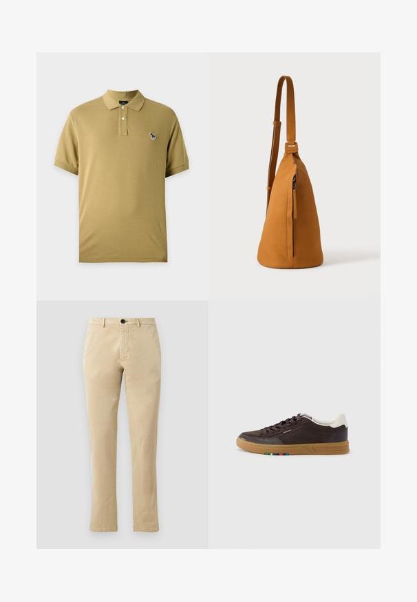 Polo beige de manga corta con dos botones y un pequeño logo de cebra multicolor bordado en el pecho izquierdo.; Chinos de algodón beige con un diseño de pierna recta, con cierre frontal de botón y sutiles detalles de costura. Textura suave y sin patrones.; Zapatilla deportiva de ante marrón oscuro con suela de goma, lengüeta blanca en el talón, diseño con cordones y pequeño detalle multicolor en el lateral de la suela.; Bolso bandolera de piel color canela con correa ajustable y bolsillo vertical con cremallera, mostrado de lado sobre un fondo claro y liso.