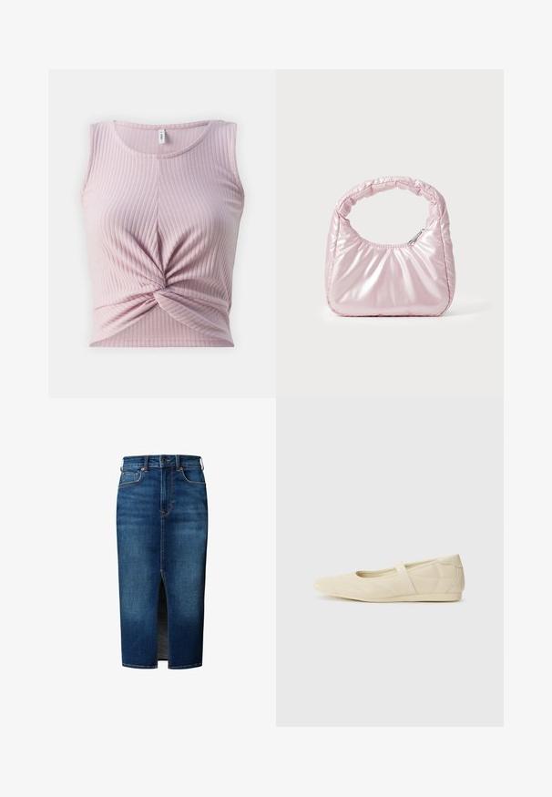 Top de tirantes de color rosa claro con detalle de frente retorcido, diseño sin mangas, escote redondo y textura suave.; Falda midi de mezclilla azul oscuro con abertura frontal, cierre de botones, trabillas para cinturón y bolsillos delanteros.; Bailarinas beige con un exterior de cuero liso, punta en forma de almendra y una correa elástica en el empeine, con detalles de costura sutiles.; Bolso de mano acolchado en color rosa con un diseño redondeado, fabricado en material brillante. Presenta un asa fruncida y un cierre de cremallera para un acceso seguro.