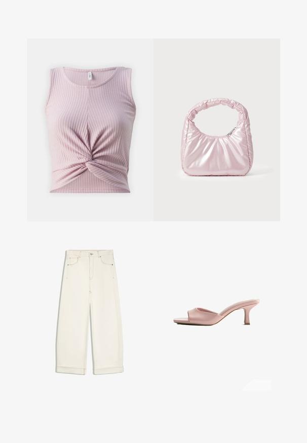 Top din bumbac roz deschis, cu dantelă texturată, detaliu în față răsucit, fără mâneci, de culoare rotundă și textură moale.; Pantaloni largi cropped off-white cu nasture frontal, fermoar, două buzunare frontale și cusături maro vizibile.; Mule roz din piele cu vârf deschis, toc mediu jos și subțire și talpă ușor căptușită.; Geantă roz, căptușită, cu un design rotunjit, realizată dintr-un material lucios. Dispune de o mânere pliată și o închidere cu fermoar pentru un acces sigur.