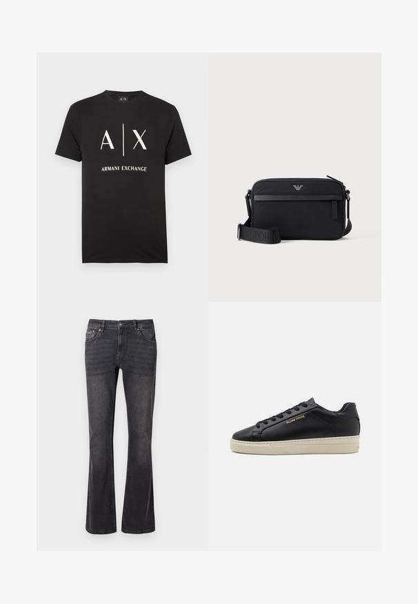 Schwarzes Baumwoll-T-Shirt mit den Initialen "A|X" und dem Aufdruck "ARMANI EXCHANGE" in Weiß. Rundhalsausschnitt mit kurzen Ärmeln.; Schwarze Jeans aus Denim mit ausgestelltem Design, fünf Taschen und einem Metallknopfverschluss. Der Stoff hat eine glatte Textur mit dezentem Verblassen.; Schwarze Leder-Sneaker mit glatter Oberfläche, kontrastierender cremefarbener Sohle, abgerundeter Spitze, goldfarbenem Logo an der Seite und sechs Ösen für die Schnürsenkel.; Schwarze rechteckige Umhängetasche mit vorderer Reißverschlusstasche, verstellbarem Schultergurt und kleinem Metalllogo oben in der Mitte.