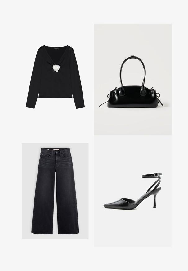 Zwarte lange mouw top met een diepe V-hals en een witte stoffen rozenaccent in het midden. Gladde textuur met een getailleerde pasvorm.; Zwart denim met wijde pijpen, met een hoge taille, vijf zakken en subtiele vervaging aan de voorkant.; Zwarte pumps met puntige neus, dunne enkelbandjes en een zilveren gesp op een effen lichte achtergrond.; Kleine zwarte glanzende handtas met twee lange hengsels en zijkant trekkoord details op een effen lichte achtergrond.