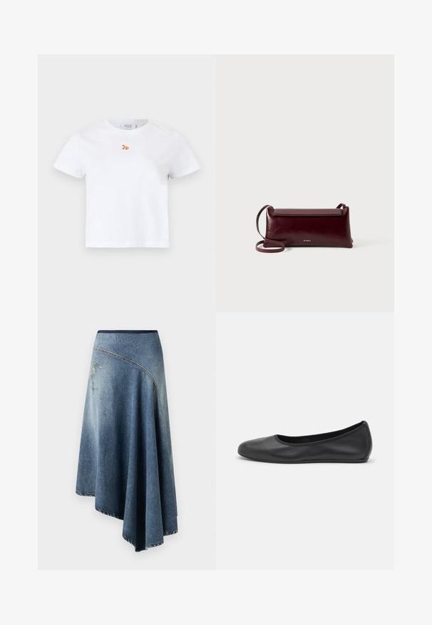 Witte T-shirt met korte mouwen en een klein oranje vossenlogo geborduurd op het midden van de borst, ronde hals en rechte zoom.; Denim wikkelrok in een licht naar donkerblauwe gradient, met een geborduurd bloemenpatroon aan één kant en zichtbare stikdetails langs de randen.; Zwarte leren ballerina met een ronde neus, gladde textuur, minimale stikdetails en een flexibele zoolontwerp.; Bordeaux lederen schoudertas met een gladde textuur, rechthoekige vorm, klep sluiting en een dunne verstelbare schouderband. Gouden logo detail zichtbaar.
