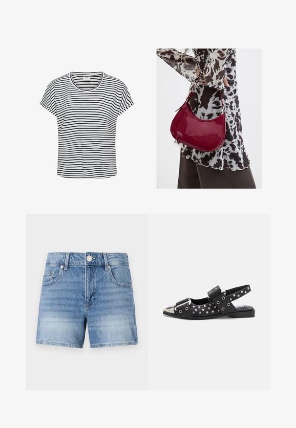 Gestreiftes T-Shirt in Weiß und Marineblau, aus weichem Stoff. Es hat einen runden Ausschnitt und kurze Ärmel mit einer lockeren Passform.; Hellblaue Jeansshorts mit vorderer Knopfleiste, Reißverschluss, Gürtelschlaufen und Vordertaschen vor weißem Hintergrund.; Schwarze Slingback-Schuhe mit Nietenakzenten, flachem Absatz, metallener Zehenschutzkappe und verstellbaren Riemen mit Schnalle. Dekorative Hardware-Details vorhanden.; Frau trägt eine schwarz-weiß gemusterte Bluse und hält eine glänzende rote Schultertasche vor einem einfarbigen Hintergrund.