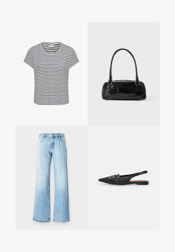 Gestreiftes T-Shirt in Weiß und Marineblau, aus weichem Stoff. Es hat einen runden Ausschnitt und kurze Ärmel mit einer lockeren Passform.; Helle blaue Denim-Jeans mit weitem Bein, hoch geschnitten, klassischer Fünf-Taschen-Design und Knopfverschluss, mit einer leichten Ausbleichung nahe dem Saum.; Schwarze Leder-Slingback-Ballerina mit spitzem Zeh, ausgestattet mit zwei horizontalen Riemen und quadratischen silbernen Schnallen, mit flachem Absatz und glatter Oberfläche.; Schwarze Lederhandtasche in rechteckiger Form, mit einem stabilen Griff, silbernem Zubehör und Reißverschluss. Glatte Textur.