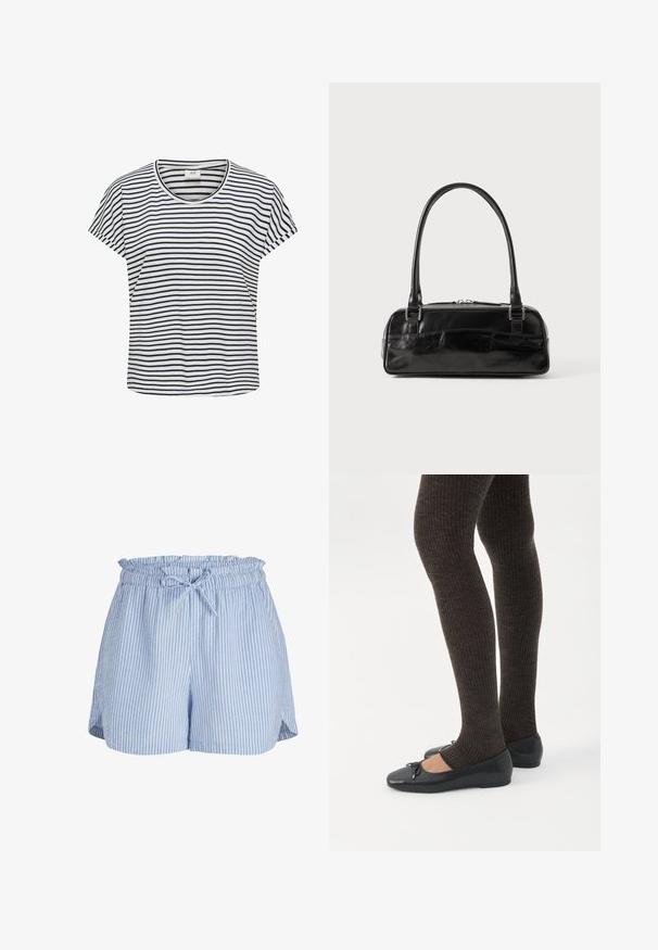 Camiseta a rayas en blanco y azul marino, hecha de una tela suave. Presenta un escote redondo y mangas cortas con un corte relajado.; Pantalones cortos de mujer a rayas verticales en azul claro y blanco, con cinturilla elástica y cordón atado en la parte delantera.; Piernas con leggings oscuros acanalados combinados con bailarinas negras que presentan pequeños detalles de lazo sobre un fondo blanco.; Bolso de mano de cuero negro con forma rectangular, equipado con un asa estructurada, herrajes en plata y cierre de cremallera. Textura suave.