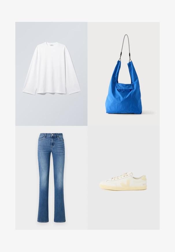 Hvid, langærmet rundhalset t-shirt med afslappet pasform, hængende mod en lys grå baggrund.; ONLY ONLWAUW MID WAIST - Jeans Slim Fit - medium blue denim; Hvide lædersneakers med en gul gummisål, med minimalistisk design, afrundet tå og en logo-detalje på siden og hælen.; Lyseblå blød stofnettaske med sort-hvid skulderstrop mod en ensartet lys baggrund.