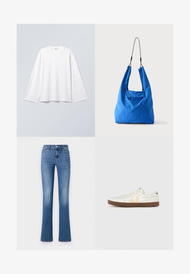 Lihtne valge pikkade varrukatega ümara kaelusega särk, lõdvalt istuv, riputatud heleda halli tausta vastu.; ONLY ONLWAUW MID WAIST - Liibuvad teksad - medium blue denim; Valge madala säärega toss, millel on beež "V" logo, pruun kummist tallad, paelad ning must tekst kontsal ja keelel, tavalise tausta ees.; Hele sinine pehme kangast ostukott musta-valge nööri õlarihmaga, ühtlase heleda taustaga.