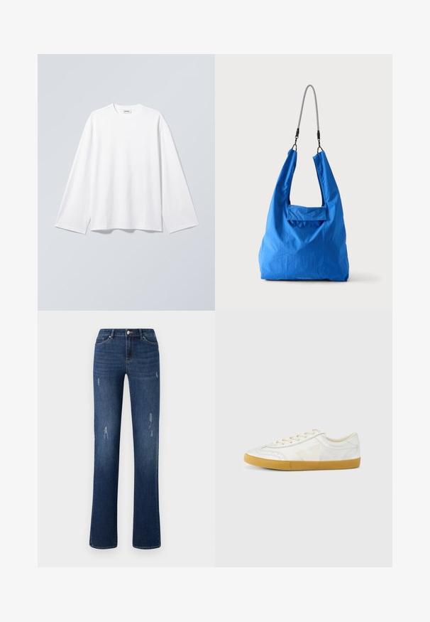 Schlichtes weißes Langarmshirt mit Rundhalsausschnitt und lockerem Schnitt, hängend vor einem hellgrauen Hintergrund.; ONLY ONLWAUW MID WAIST - Jeans Slim Fit - dark blue denim; Weißer Ledersneaker mit glatter Textur, beigefarbenem „V“-Logo, rundem Zehenbereich, Schnürdesign und einer Sohle aus Gummireifen.; Hellblaue weiche Stofftasche mit schwarzem und weißem Kordel-Schulterriemen vor hellem einfarbigem Hintergrund.