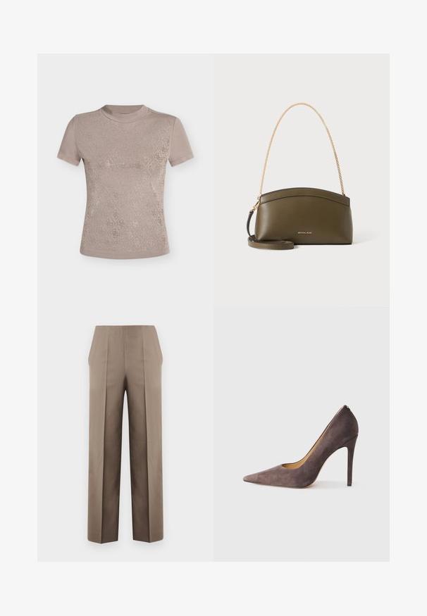 Haut marron clair à manches courtes avec col montant, présentant un motif diamant discret avec des motifs floraux brillants à l'avant.; Pantalons beiges à taille haute avec une coupe ajustée, dotés de deux plis à l'avant, d'une conception à jambe droite et de lignes épurées, sans ornements.; Escarpin en daim gris à talon haut avec un bout pointu et une silhouette épurée. Présente une finition lisse et un talon étroit pour un look moderne.; Sac à main Michael Kors vert olive avec bandoulière en chaîne dorée, dessus courbé et petit logo doré sur le devant, présenté sur fond blanc.