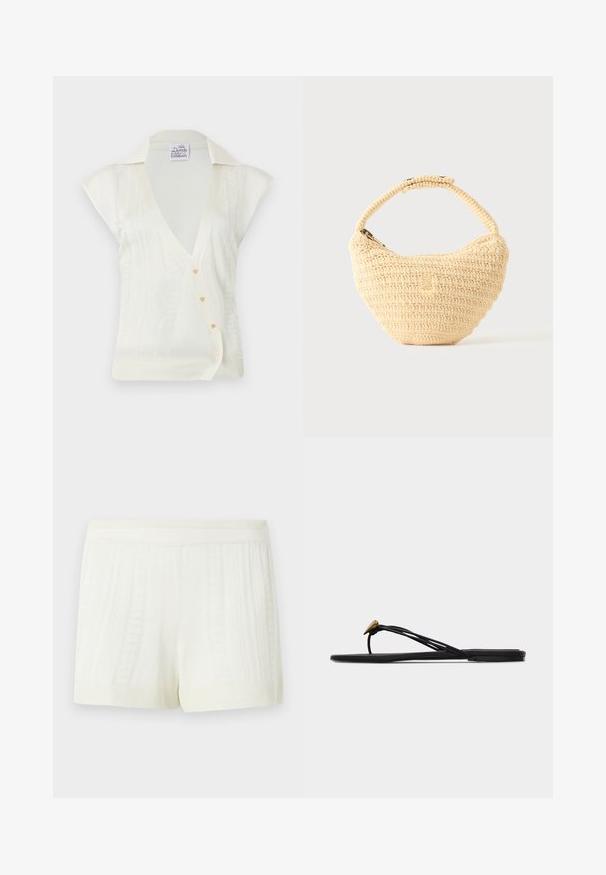 Haut tricoté blanc sans manches avec col en V, design col, rayures verticales texturées et quatre petits boutons décoratifs sur le devant.; Shorts tricotés de couleur crème avec des motifs texturés verticaux et une large ceinture élastique sur un fond uni.; Sandale plate noire en forme de tongs avec plusieurs fines lanières et une petite déco dorée en forme de larme sur la lanière avant.; Sac à main beige tissé avec corps arrondi, fermeture éclair et une sangle courte et épaisse dans un style crochet simple et texturé.