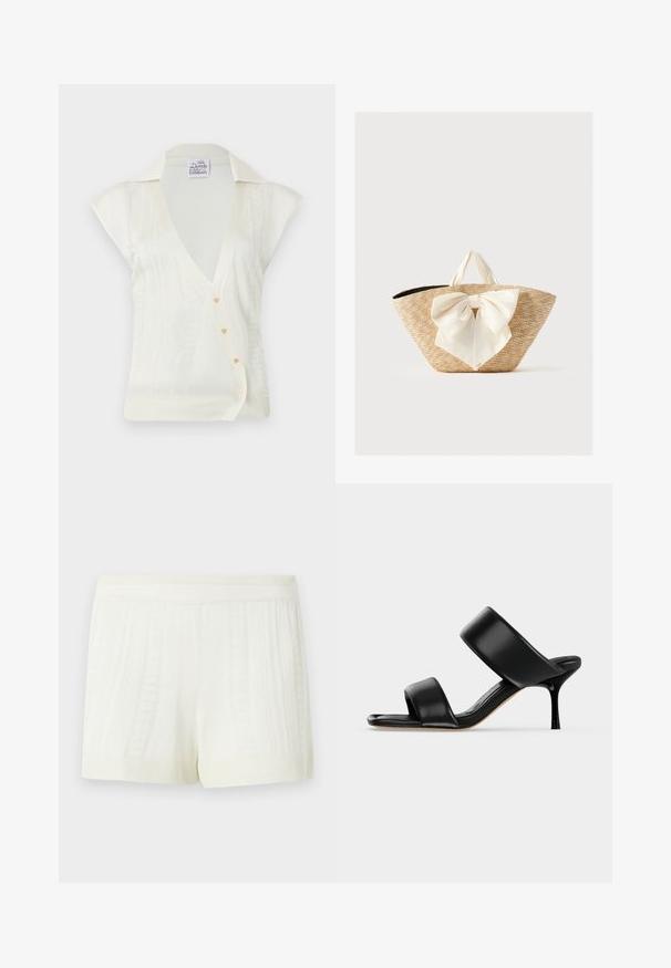 Haut tricoté blanc sans manches avec col en V, design col, rayures verticales texturées et quatre petits boutons décoratifs sur le devant.; Shorts tricotés de couleur crème avec des motifs texturés verticaux et une large ceinture élastique sur un fond uni.; Sandale mule en cuir noir avec deux larges brides et un talon stiletto fin de hauteur moyenne sur un fond clair uni.; Sac cabas en paille tissée avec des poignées en tissu crème et un grand nœud décoratif crème à l'avant, sur un fond uni.